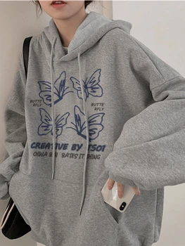 Deeptown Korea Stiilis Graafiline Print Mõõdus Hupparit Naiste Harajuku Streetwear Lahti Dressipluus Naiste Vabaaja Pikad Varrukad Tops
