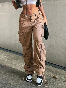 Vintage Cargo Püksid Kottis Teksad Naiste Mood 90s Streetwear Taskud Lai Säär Kõrge Vöökoht Sirge Denim Püksid Y2k Jumpsuits
