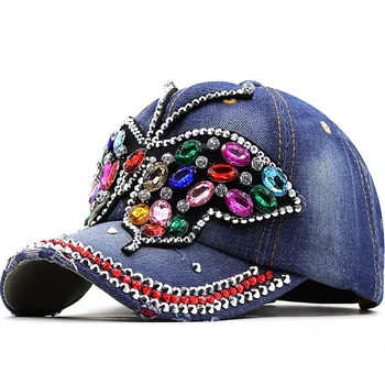 luksus DIY Baseball Cap Naiste Full Crystal Värvikas Big Butterfly Müts Denim Bling Rhinestone Snapback Mütsid Casquette Suve mütsid