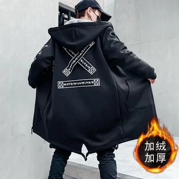 Fliisist Talve Jope Meestele Trükitud Jaapani Kapuutsiga Pikk Trentš Must Hip-Hop Streetwear Paks Jope Mens Windbreaker Mantel