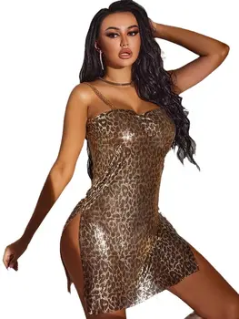 Naiste Suvised Kleidid Seksikas Leopard Õõnes Välja Backless Split Mini Kleit Uus Luksus Mood Metall-Litrid Spagetid Rihm Kleit
