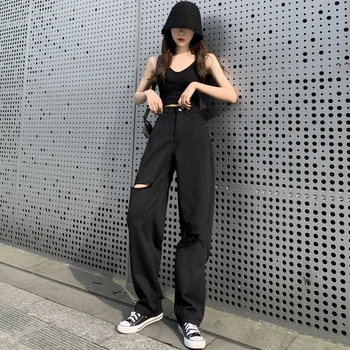 Teksad Augud Must Stiilne Ülepaisutatud S-5XL Mõõdus Harajuku Naised Lai Jalg Hip-hop Mopiga Vintage Suvel High Street Casual Püksid