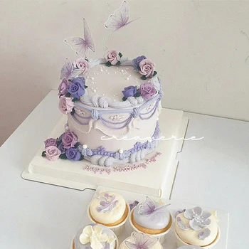 Lilla Roosa Liblikas Kook Teenetemärgi Happy Birthday Cake Torukübar Käsitsi Maalitud Pulmad Sünnipäev Baby Shower