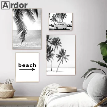 Troopiline Must Valge Rand, Maastiku Lõuendile Maali Travel Bus Palm Tree Plakatid Ja Pildid Seina Pilt Elutuba Home Decor
