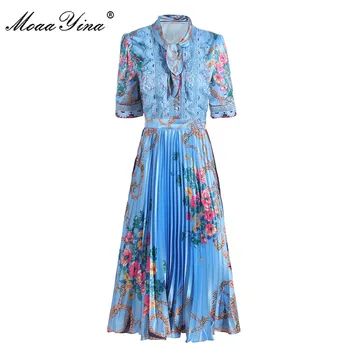 MoaaYina Moe Disainer kleit Suvine Naiste Kleit Lühikeste varrukate Vibu krael Pits Flower Print Plisseeritud Elegantne Kleidid