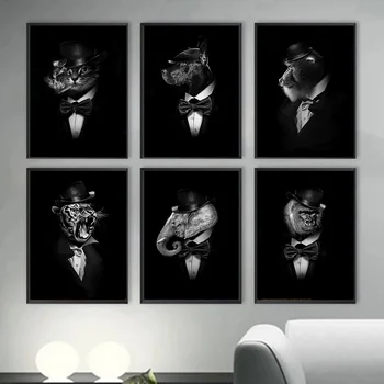Must Ja Valge Art Loomade Mütsid Lõuendile Maali Lõvi, Tiiger Ahv Gorilla Koer Härrasmees, Plakatid Ja Pildid Home Decor