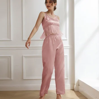 Lisacmvpnel Naiste Kunstnahast Silk Naiste Pidžaama Mood Tutt Suspender Kahe-osaline Komplekt, Sleepwear