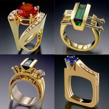 Luksus Naine Crystal Sinine Šampanja Kivi Ring, Mood Kollane Kuld Sõrme Sõrmus Vintage Pool Geomeetriline Rõngad Naistele
