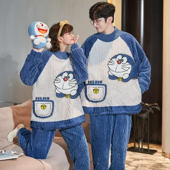 Doraemon Anime Pijamas Komplekti Naiste Talve Paksenema Paarid Pidžaama Pehme Soe Meeste Sleepwear Pyjama Pour Femme Peace Kassi Armastajad