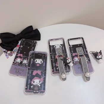 Sanrio Kuromi Minu Meloodia 3D Nukk Pearl Vöö Telefon Case For Samsung Galaxy Z Flip 3 4 5G ZFlip3 ZFlip4 Flip3 Flip4 Kate