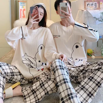 Paar Pijama Komplekti M-3XL Sügis Kevad Pidžaama Armas Multikas Sleepwear Puuvillased Pidžaamad Naiste Mees Top Pant Vaba aja veetmise Outwear