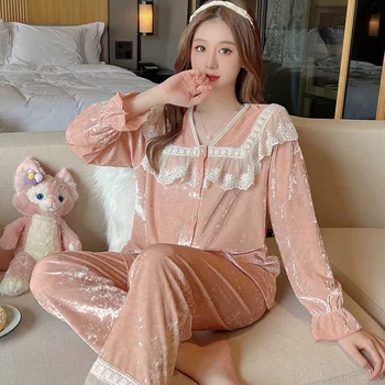 Retro Elegantne Palace Style Princess Pidžaama Komplekt Naiste Velvet Sleepwear Pijamas Sobivad Sügis-Talvel Lahti Pükste Kodu Riided